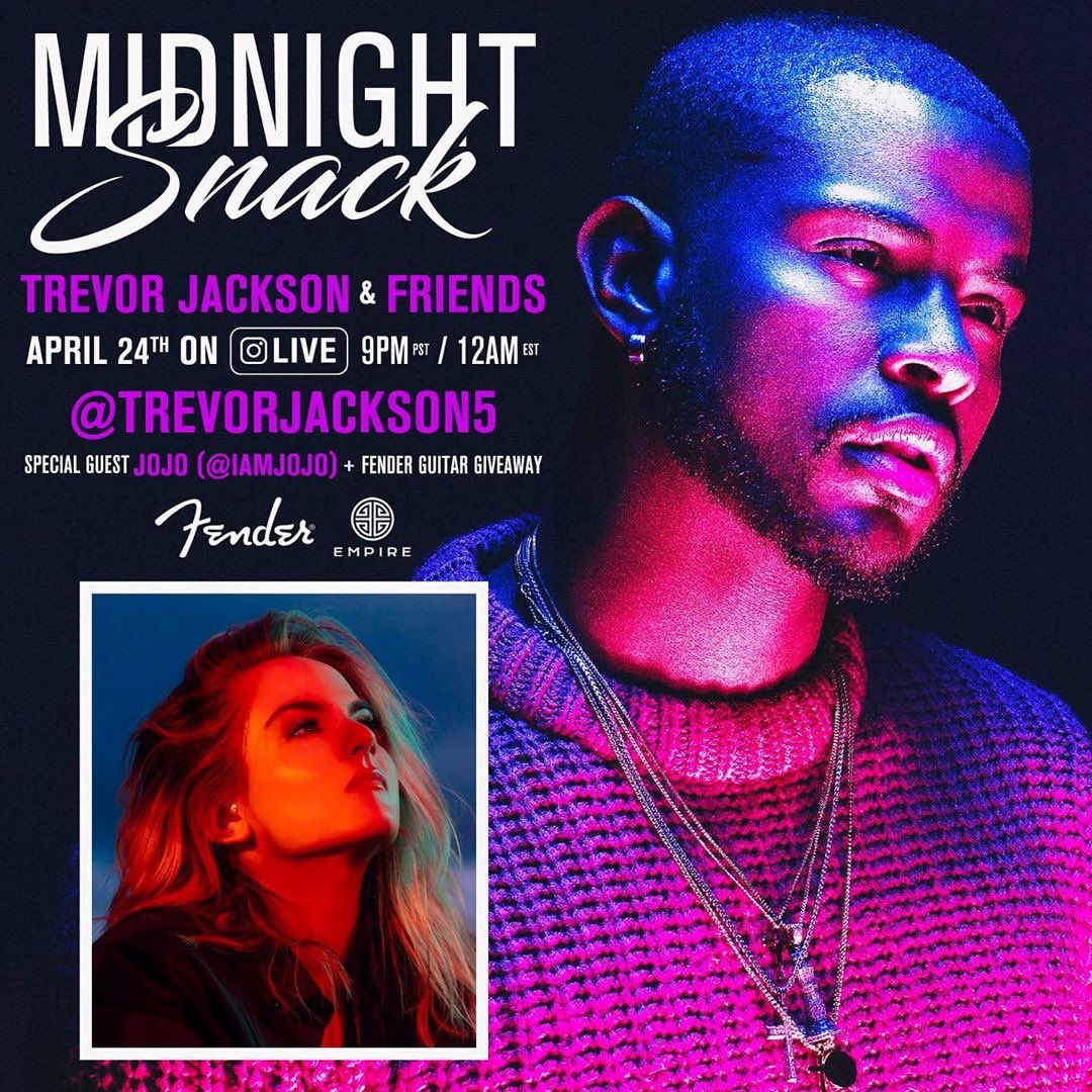 Trevor Jackson via Instagram Post “This Friday 4/24 I have the amazing <a href="/iamjojo/">Joanna</a> as my first guest on #tjmidnightsnack 
We’re going LIVE 9pm PST/12am EST. 
And I’m also giving away a @fender guitar 🎸 so get your snacks ready!
🌊 #bornart #waverunners 🦈” (trevorjackson5)