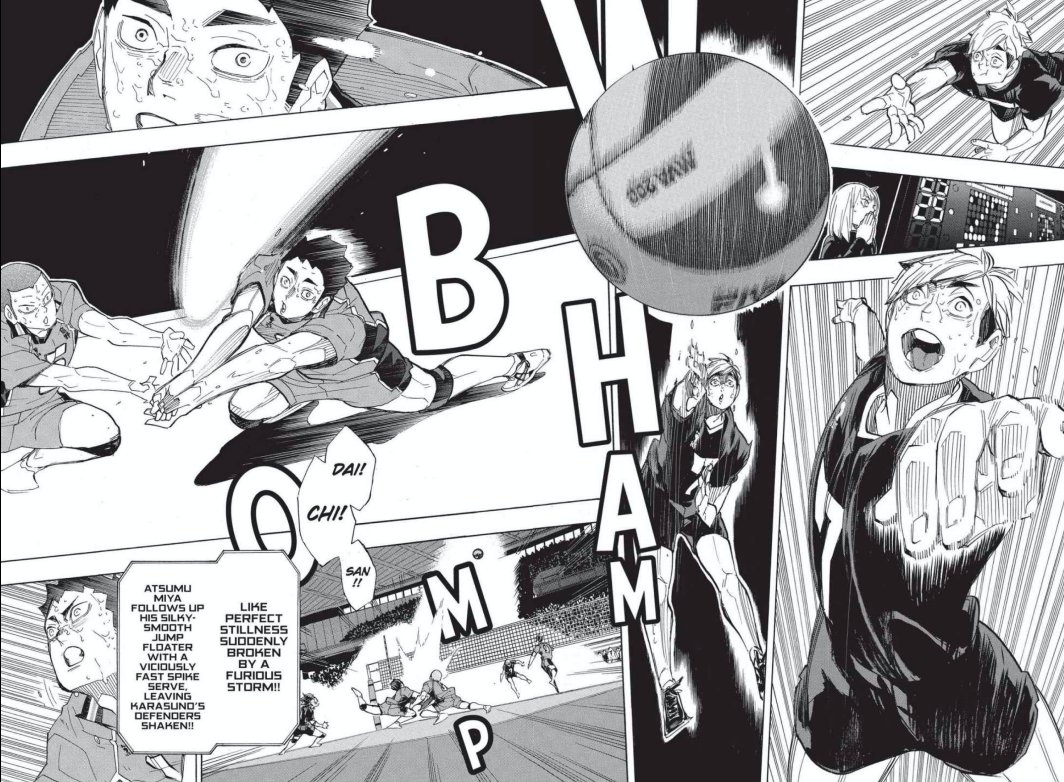 So by great panelling and perspectives, Furudate manages to depict Atsumu's fast and powerful serve in all of its glory, and at the same time put the readers in the shoes of the players on the court. How bloody brilliant is that!