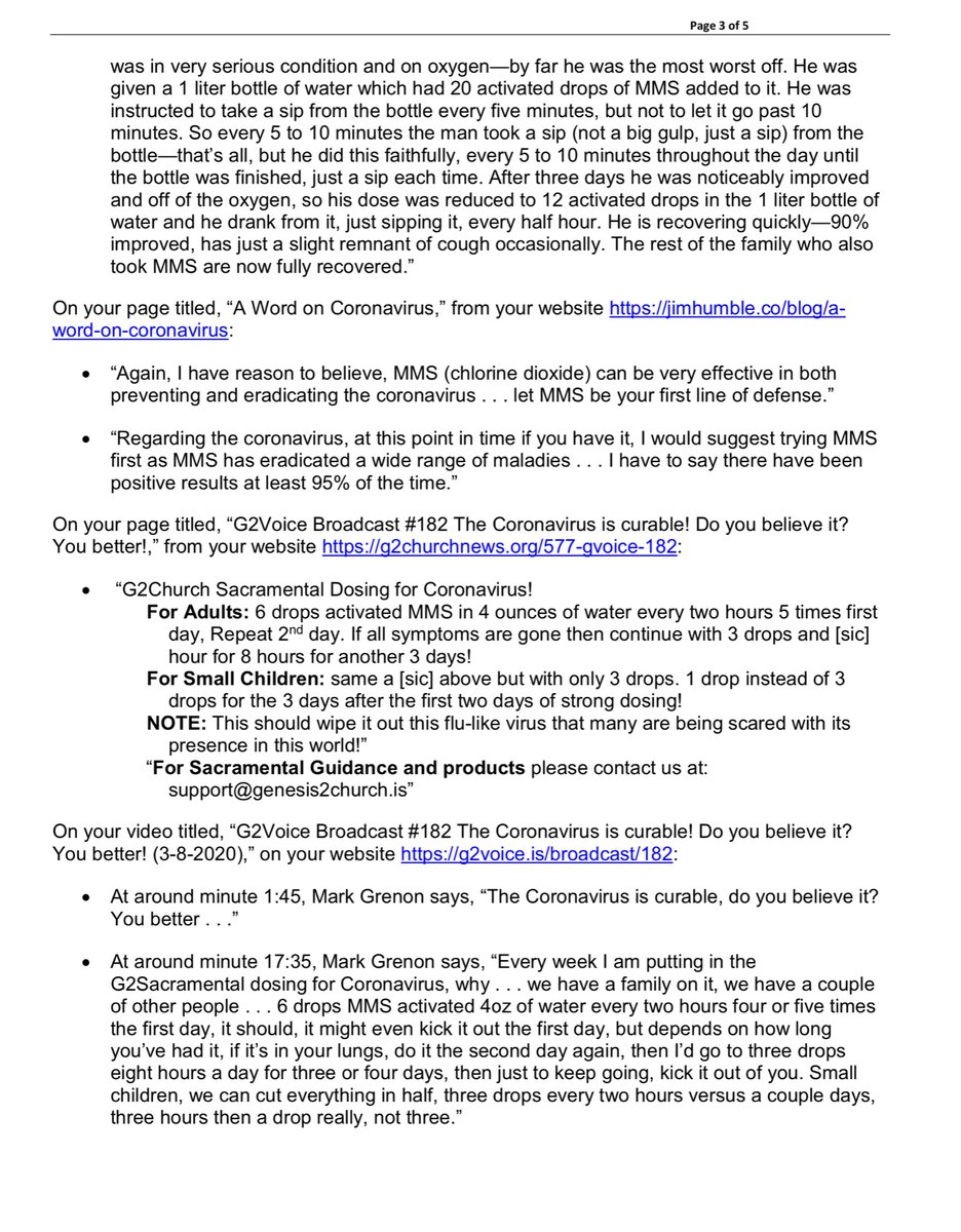 On 4/8/2020 the  @FDA sent Genesis 2 Church Case No 606459 The following warning letter, explicitly stating the dosages would lead to deaths...FTC https://www.ftc.gov/system/files/attachments/ftc-coronavirus-warning-letters-companies/fda-covid-19-letter-genesis_ii_church_of_health_and_healing.pdfFDA https://www.fda.gov/inspections-compliance-enforcement-and-criminal-investigations/warning-letters/genesis-2-church-606459-04082020