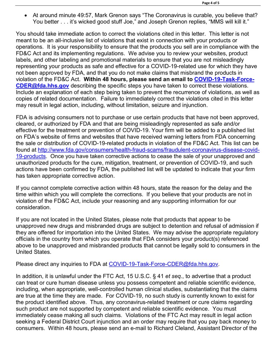 On 4/8/2020 the  @FDA sent Genesis 2 Church Case No 606459 The following warning letter, explicitly stating the dosages would lead to deaths...FTC https://www.ftc.gov/system/files/attachments/ftc-coronavirus-warning-letters-companies/fda-covid-19-letter-genesis_ii_church_of_health_and_healing.pdfFDA https://www.fda.gov/inspections-compliance-enforcement-and-criminal-investigations/warning-letters/genesis-2-church-606459-04082020