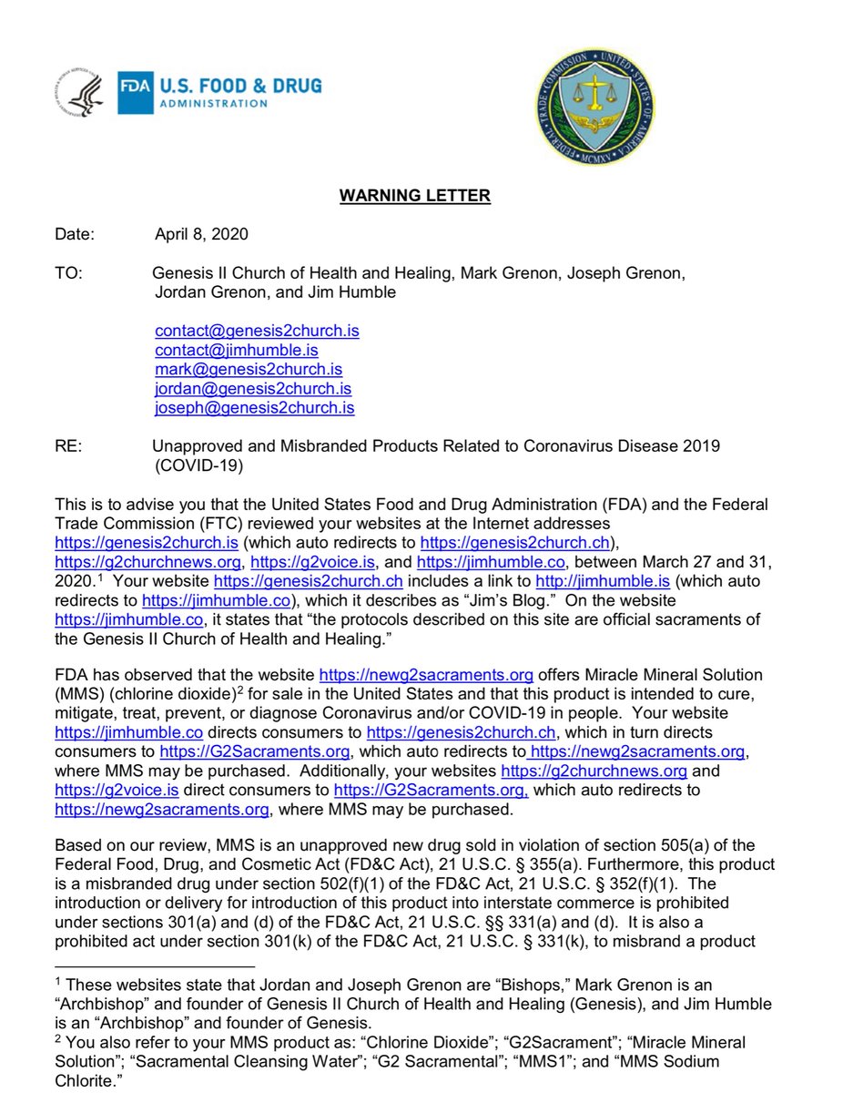 On 4/8/2020 the  @FDA sent Genesis 2 Church Case No 606459 The following warning letter, explicitly stating the dosages would lead to deaths...FTC https://www.ftc.gov/system/files/attachments/ftc-coronavirus-warning-letters-companies/fda-covid-19-letter-genesis_ii_church_of_health_and_healing.pdfFDA https://www.fda.gov/inspections-compliance-enforcement-and-criminal-investigations/warning-letters/genesis-2-church-606459-04082020