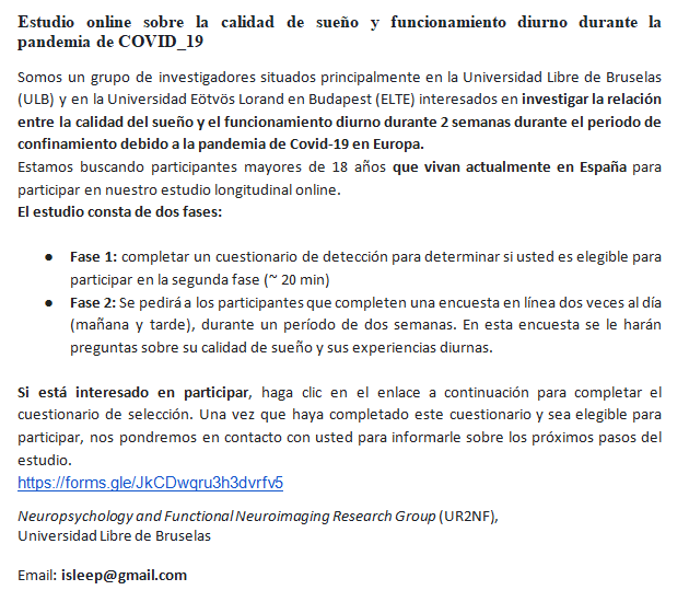 AriadnaAlbajara's tweet photo. ¿Estás actualmente confinad@ en España? ¡Participa en nuestro estudio!

Estudio online sobre la calidad de sueño y funcionamiento diurno durante la pandemia de COVID_19.
https://t.co/5RZbuxICgX https://t.co/L0tLZRVPuz