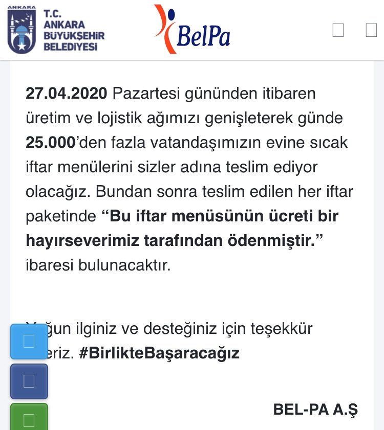 Ankara Belediyesi, iftarver.com adlı bir site kuruyor. Bir kişi 15 TL verip bir fukaranın iftarlığını karşılıyor.
Bugün 15.891 hayırsever 101.847 iftarlık sipariş etmiş. 
Allah razı olsun diyeceklerine siteye sanal saldırı yapıyorlar.
Garip gurebadan ne istiyorsunuz?!