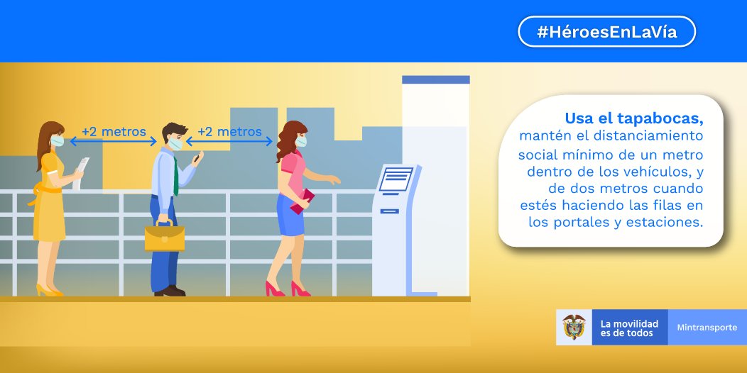 MinTransporteCo's tweet photo. #EvitaElCoronavirus | En los sistemas integrados de transporte masivo aplica el distanciamiento social. ¡Evitar el Coronavirus es responsabilidad de todos! Pon en práctica estas acciones y conviértete en uno de los #HéroesEnLaVía. https://t.co/1NetDdAux3