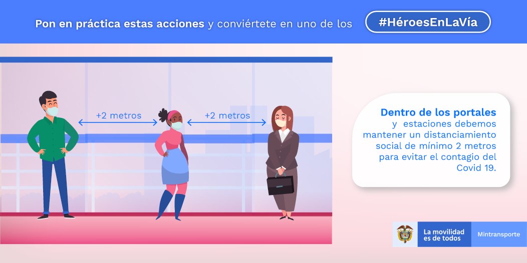 MinTransporteCo's tweet photo. #EvitaElCoronavirus | Si estás dentro de las excepciones del aislamiento y te movilizarás en transporte público, mantén dos metros de distancia con otras personas en la fila para ingresar a los vehículos. Pon en práctica estas acciones y conviértete en uno de los #HéroesEnLaVía. https://t.co/lMKREzcvBw