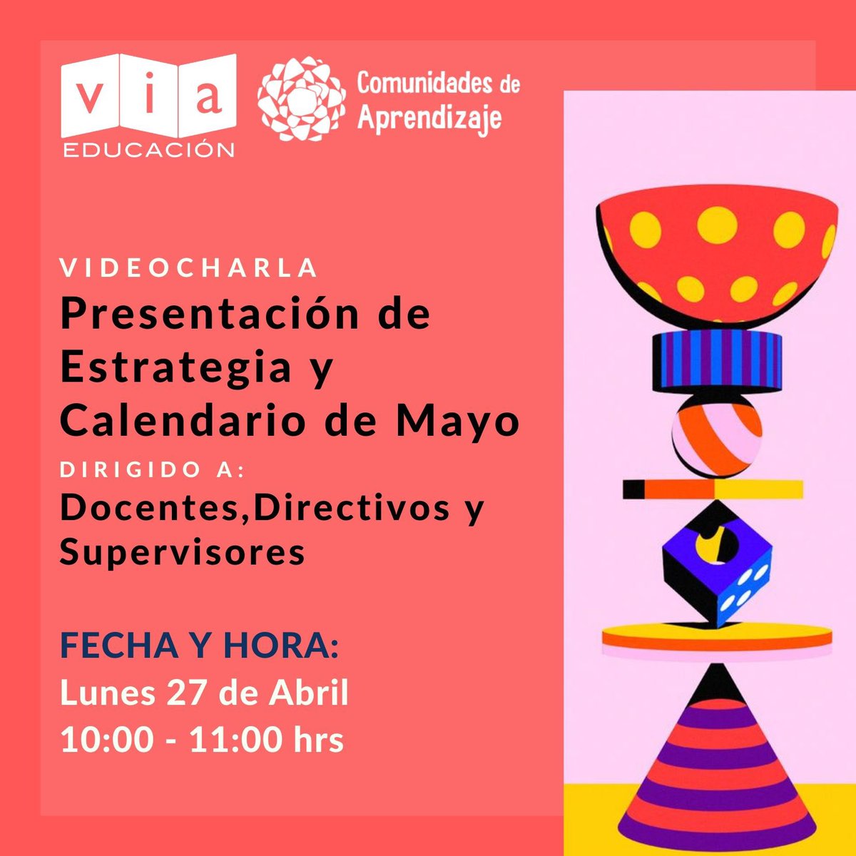 Participa en línea!
“Te invitamos a nuestra video charla, entérate de las actividades de este mes! 
🗓 Lunes | 27| Abril 
⏰ 10:00 a 11:00 am 
Para participar llena el siguiente formulario forms.gle/C7yZqYXWDxQcUN…
Informes en el correo: danielmartinez@viaeducacion.org