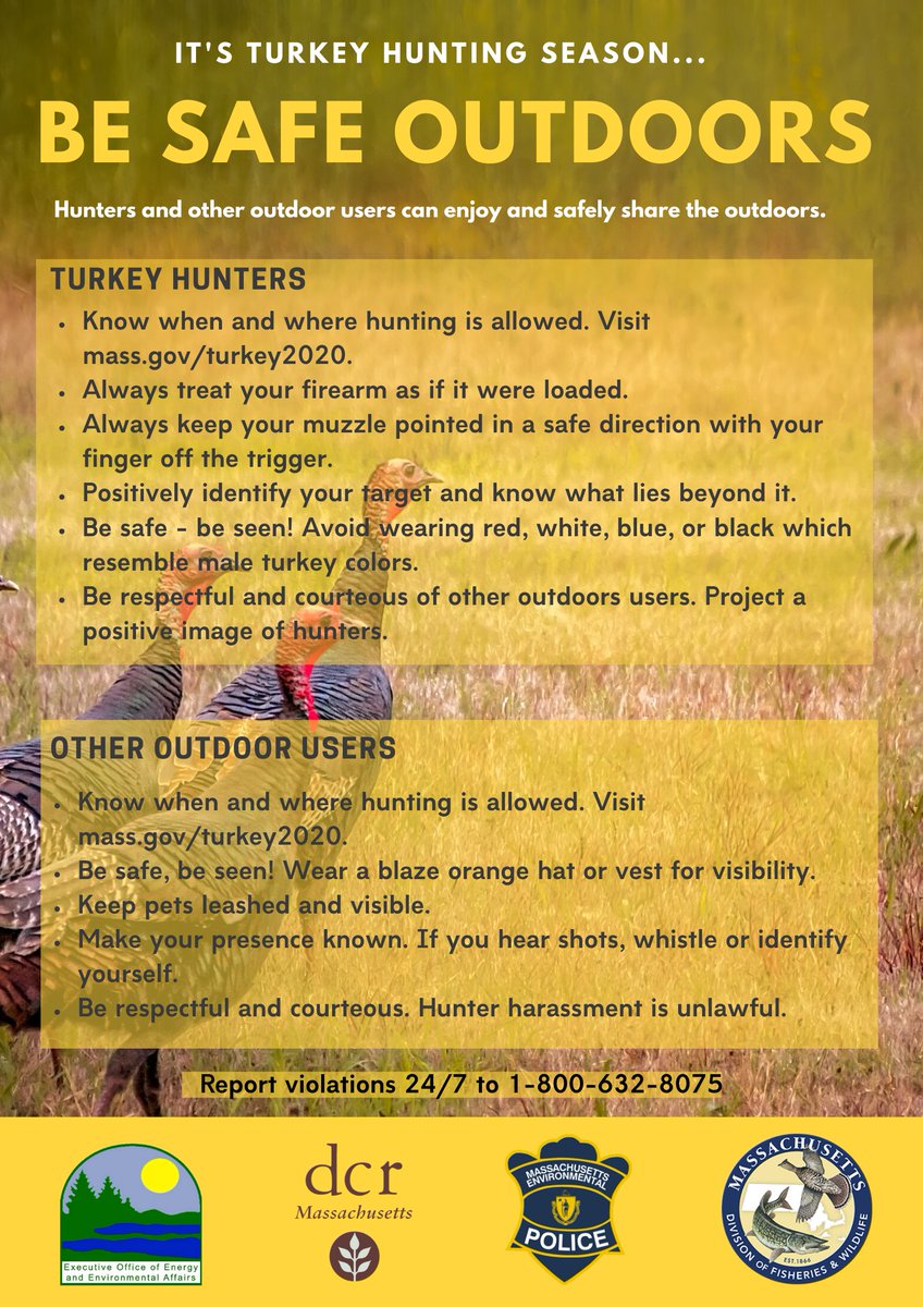 With more people seeking outdoor recreation in Massachusetts’ open spaces during the #COVID19 Emergency, it is important hunters and other outdoor users practice common-sense safety measures during the upcoming turkey hunting season.

🔗 More: mass.gov/news/state-off…
