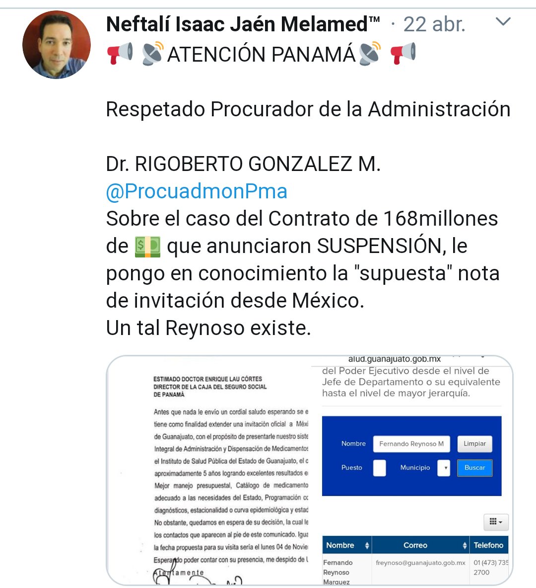 NeftaJaen19PA's tweet photo. Doctor
GERARDO SOLÍS
Contralor General
📡📢
Por favor NO REFRENDE el hasta ahora solo suspendido, Contrato de 168millones de dólares de la Caja de Seguro Social, aprobado el pasado 7 de abril.
Hay muchos detalles por investigar.
Los 2 Procuradores están durmiendo.
#EquipoSolis https://t.co/qzi14kQTPM
