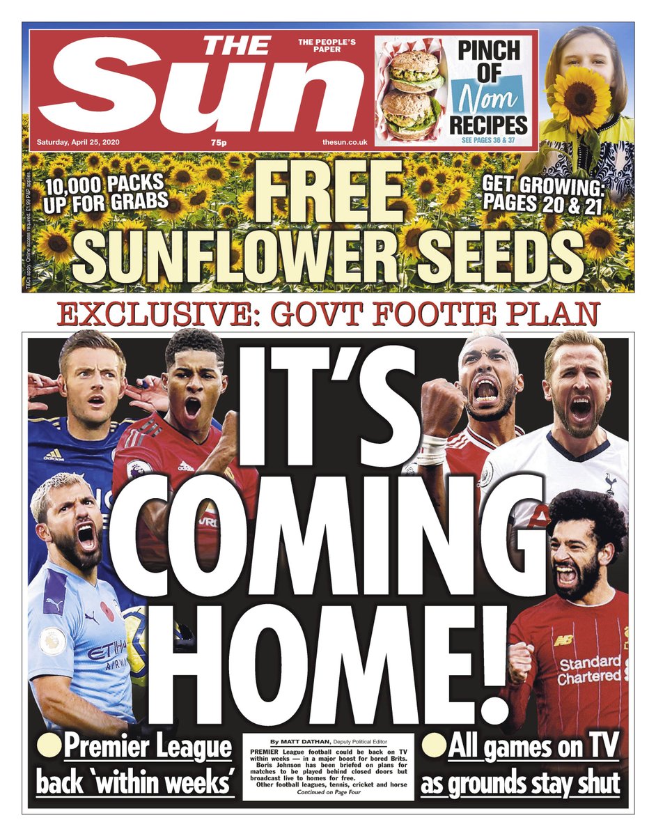 EXCLUSIVE: Premier League matches to resume within weeks under government plans to allow major sports to be played behind closed doors from next month. Football's coming home:  https://www.thesun.co.uk/sport/11476053/premier-league-games-back-tv-within-weeks/