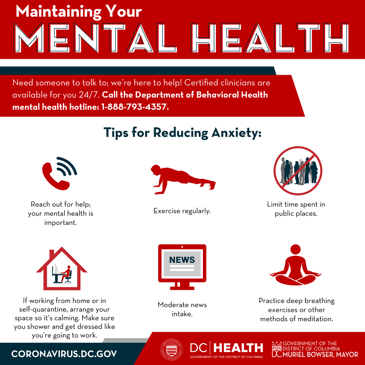 Maintaining your mental health.  Illustration of phone to call 1-888-793-4357 for help, man exercising, limit time spent in public places, arrange home so it's calming, moderate news intack on tv/computer, practice deep breathing and meditation with yoga positions.