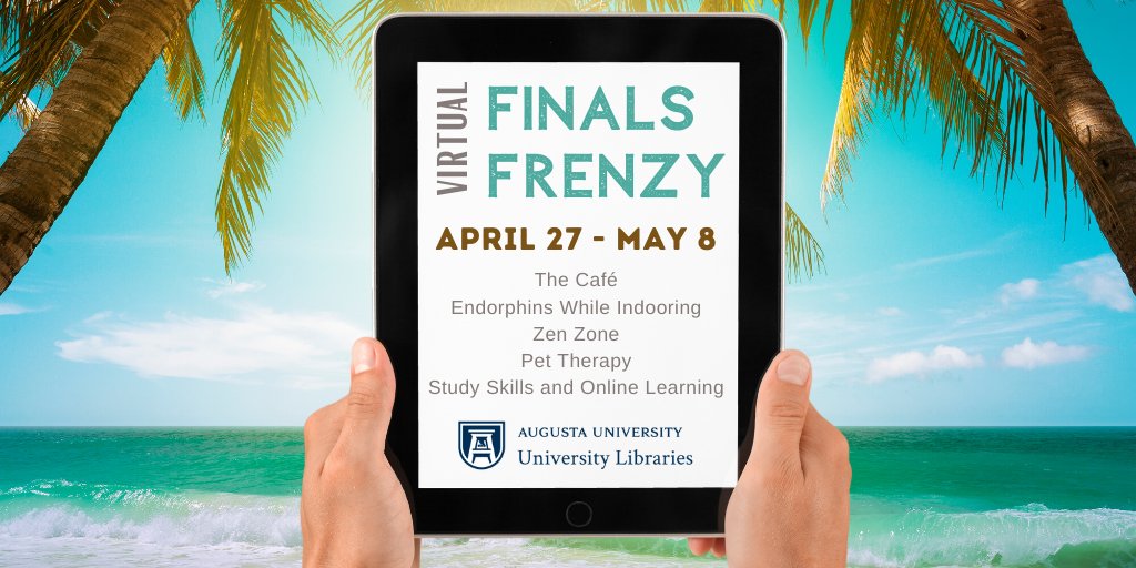 AUG_Libraries's tweet photo. Join us next week for a virtual Finals Frenzy! Since we can't help you de-stress in person, stay tuned to AU Libraries social media for plenty of content to help you de-stress and stay well fed.  #AUlibraries #FinalsFrenzy https://t.co/iRnRAn7nCA