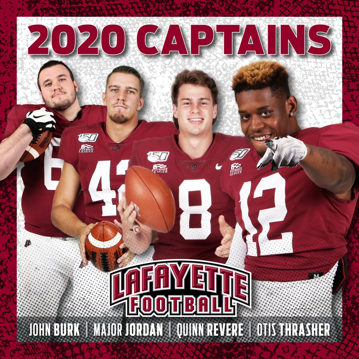 LafColFootball's tweet photo. Proud to introduce your captains for the upcoming season: @johnburk14, @majorjordan42, @RevereQ and @thrasher_otis

https://t.co/bHlqSzqFkB

#Breakout2020 | #RollPards https://t.co/Iv2fug4M2u