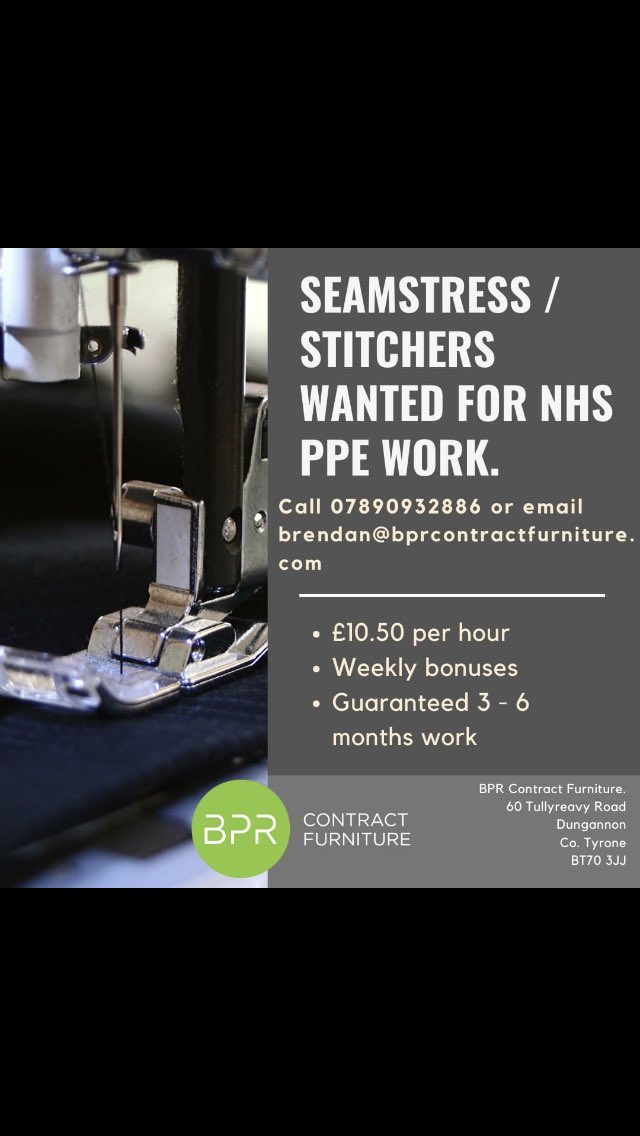 BPR_Contract's tweet photo. We are currently looking for seamstresses / stitchers to join our team for NHS PPE works. If you are interested please contact brendan on 07890932886 or brendan@bprcontractfurniture.com #nijobfairy #nijobs #hiring #jobopportunity https://t.co/21dH8xA3RA