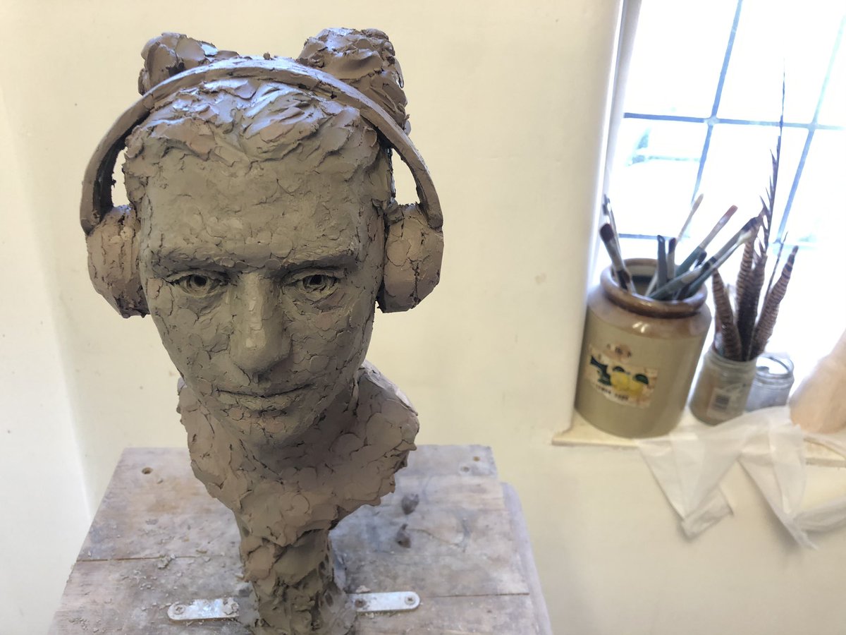 claremulley's tweet photo. Upside of the kids being grounded... @wolter_ian finally gets them to sit for him... Here’s the 1st... #portraitsculpture #lockdownart  #artistdad #listeningtotunes 🎧 https://t.co/LBfEdudSyB