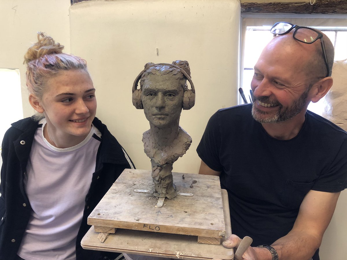 claremulley's tweet photo. Upside of the kids being grounded... @wolter_ian finally gets them to sit for him... Here’s the 1st... #portraitsculpture #lockdownart  #artistdad #listeningtotunes 🎧 https://t.co/LBfEdudSyB