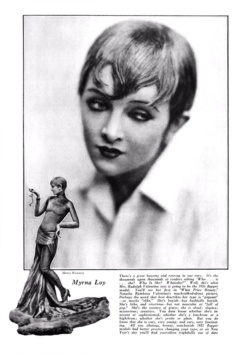 Someone who spotted the photos was Waxman client Rudolph Valentino who, along with his wife, designer/writer Natacha Rambova, offered Myrna a screen test and then cast as a vamp in Rambova’s film “What Price Beauty” (1925). Zoom in to read the interesting press copy (R).
