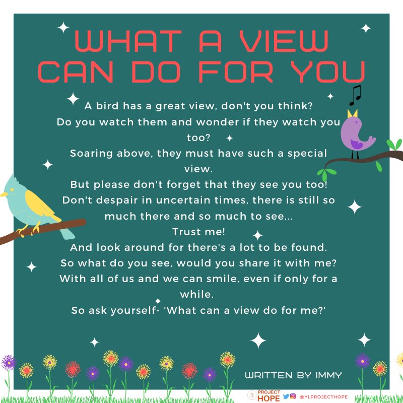 ylprojecthope's tweet photo. Thank you Immy for this fabulous poem for Arty Friday.
What does a view mean to you? Send us your answer and what you can see from your window/garden. #projecthope #ylprojecthope #view #views #viewfrommywindow #art #poem #poems #nature #isolation #isolationart #artyfriday https://t.co/GrdkDyW1fk