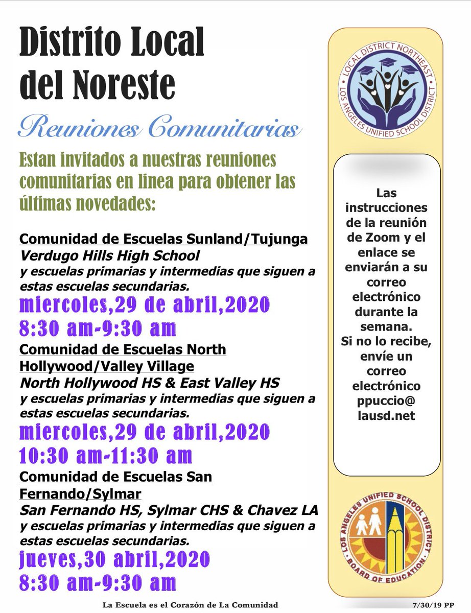 Estan invitados la próxima semana para el resto de las las reuniones comunitarias en línea . Se llevara a cabo por comunidades. Por favor vea el volante.