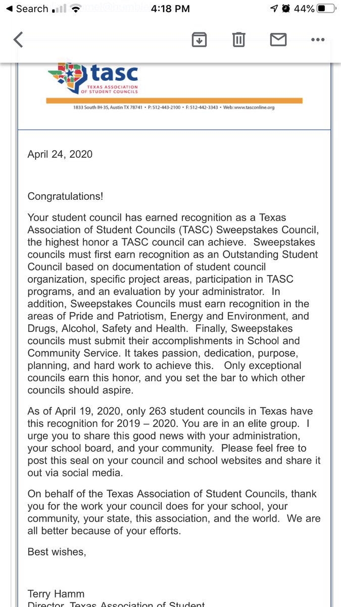 Congrats to 2020 for earning the 8th consecutive TASC Sweepstakes Award!  So proud of our student leaders