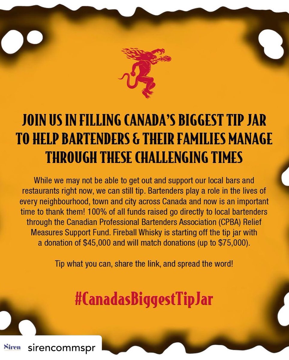 We are seeking support for bartenders out work during this difficult time with the #CanadasBiggestTipJar initiative. 
100% of all funds raised go to our Relief Measures Support Fund.
Tip what you can, share the link &amp; help someone in need! 
gofundme.com/f/FBcanadasbig…