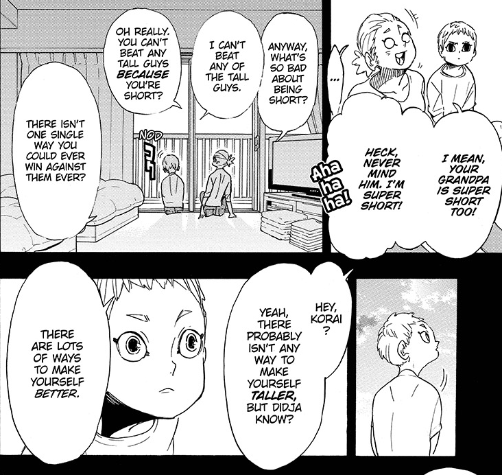 Hoshiumi& #39;s backstory is eerily similar to Washijou& #39;s, a moment of learned helplessness that shapes their philosophies. Inspired by his mom, Hoshiumi deals with being short by developing strength in other areas. Washijou lives vicariously through powerful & tall players as a coach