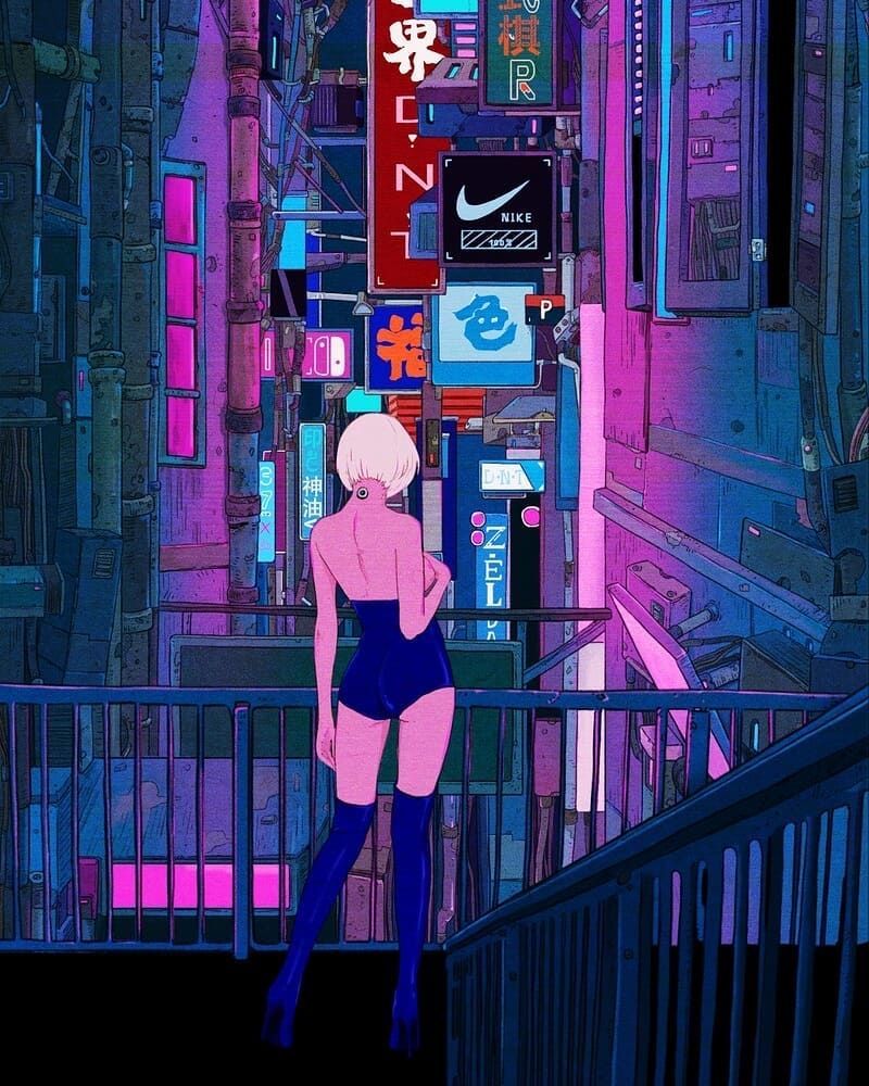 allcitycanvas's tweet photo. Cybergirl en la ciudad ⚡💜#CyberRetro de #shapesoftime https://t.co/zMmg6LAlP6
