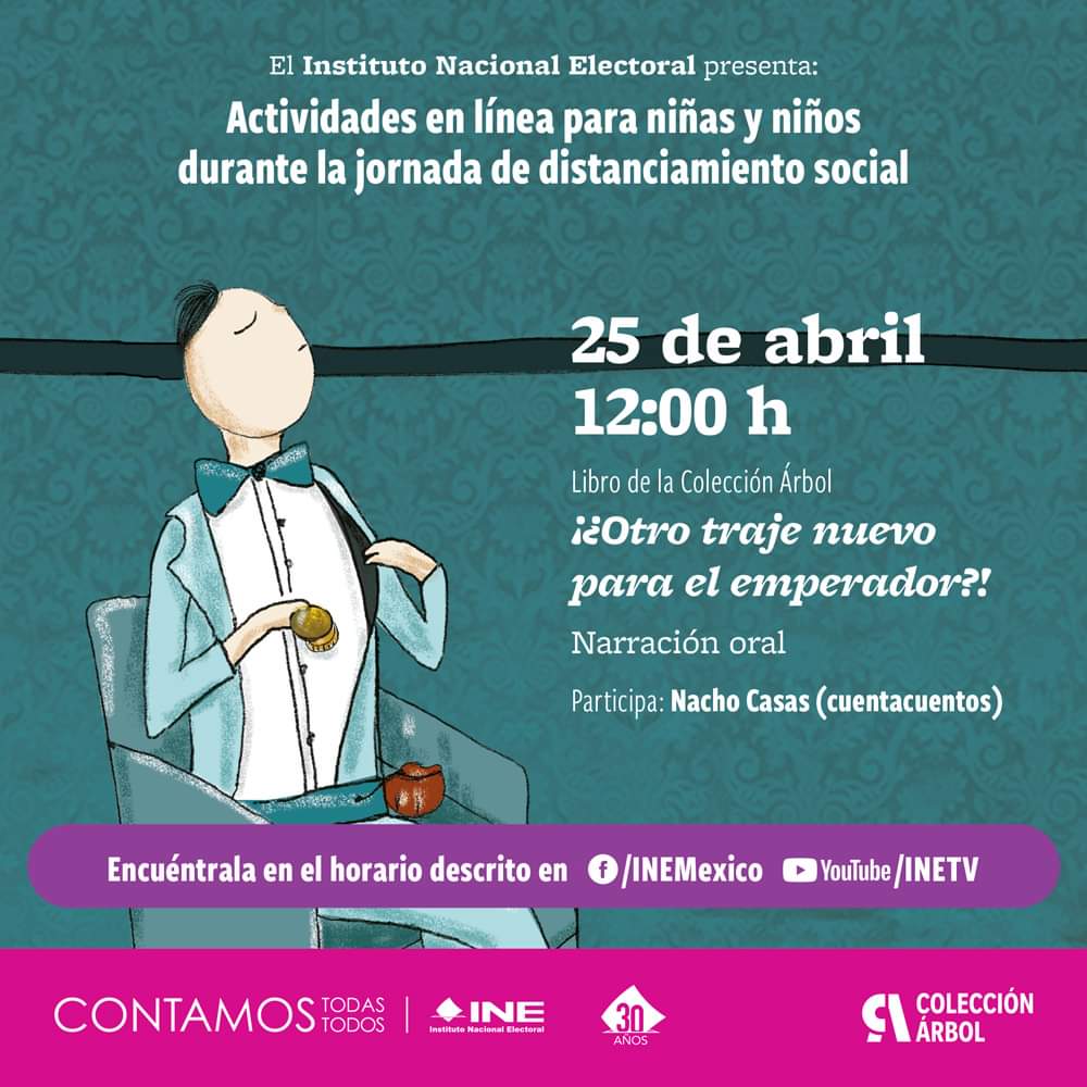 1403AoC's tweet photo. Actividades en línea para niños y niñas... Mañana a las 12 horas
¡¡¡¡¡ NO TE LO PUEDES PERDER !!!!👧👦
 No olvides escuchar a Nacho Casas con este hermoso cuento ¡¿Otro traje nuevo para el emperador?!👧🏽🧒🏾 
 #30AñosINE #QuédateEnCasa https://t.co/1ZcPhsAD9s
