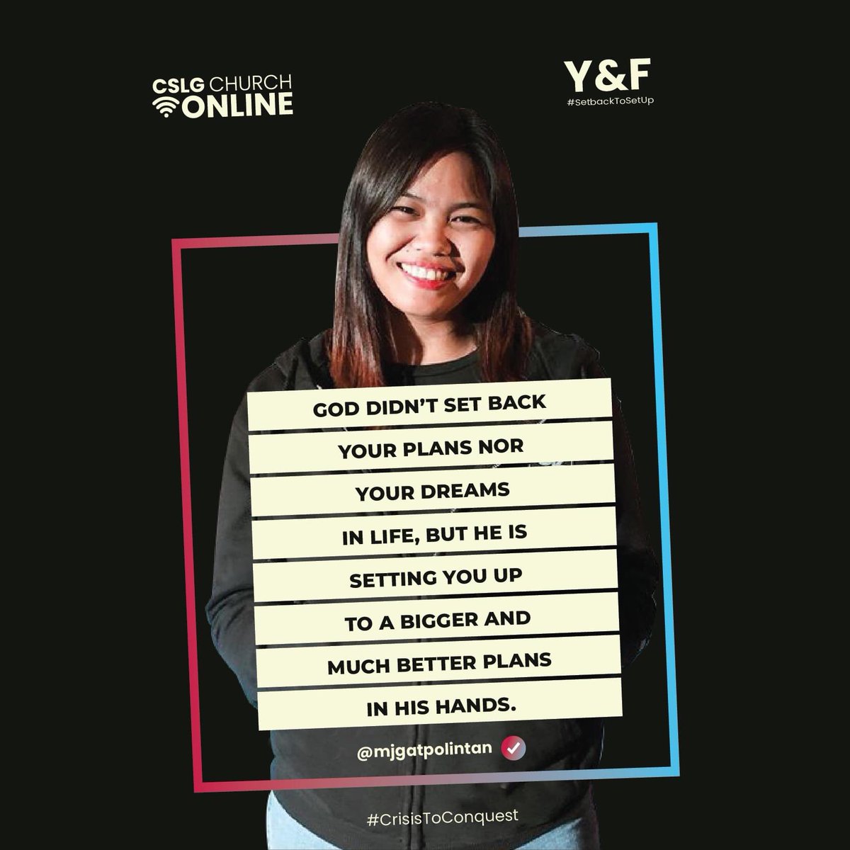 CSLGChurch's tweet image. God is setting you up for a COMEBACK. Don’t give up on your dreams because God didn’t!

Thank you for watching our Young &amp;amp; Free Online! Don’t forget to share this and tag your friends in this post with a hashtag #SetbackToSetUp.