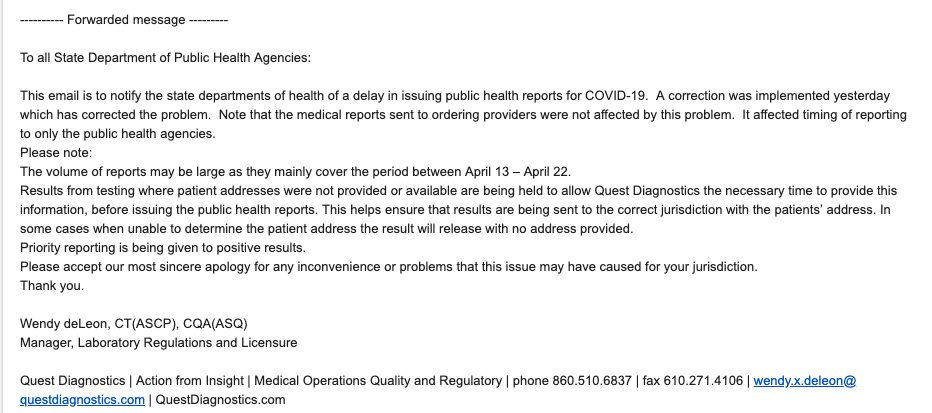 9/ It could well be!"Results from testing where patient addresses were not provided or available are being held to allow  @QuestDX ... to provide this information, before issuing the public health reports"It's essential for public health to get complete AND TIMELY lab results