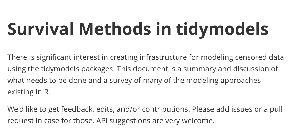 topepos's tweet image. Interested in survival models? 

We are starting to get organized on new projects in tidymodels. 

Possible plans for survival methods are listed at: github.com/tidymodels/pla…

Please comment or contribute if you have interest. Tell us what you&apos;d like to see!

#rstats