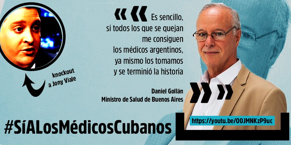 Bravo por <a href="/DrDanielGollan/">Daniel Gollan</a>, ministro de salud de la provincia de Buenos Aires, exministro de salud con <a href="/CFKArgentina/">Cristina Kirchner</a> #SíALosMédicosCubanos #Covid19 youtu.be/O0JMNKzP9uc