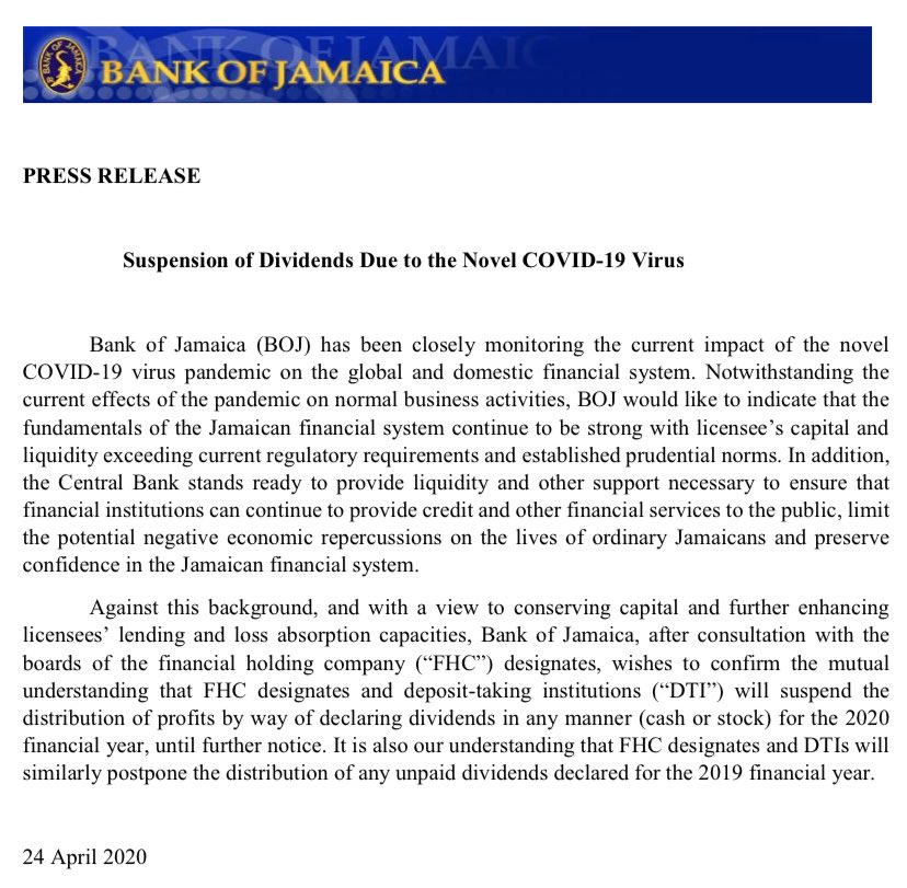 BOJ -  @CentralBankJA - has announced that all Deposit Taking Instititions will stop paying dividends for the FY 2020 and will postpone distribution of FY 2019 dividends. This is an important move to protect the stability of the financial system.  #FinanceTwitterJa //Thread  https://twitter.com/kalilahrey/status/1253773758109753344