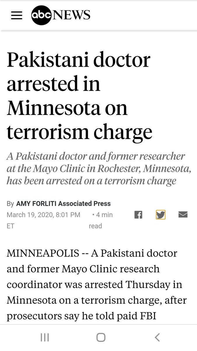 Ritaferdi's tweet image. Pakistani doctor arrested in Minnesota on terrorism charge - ABC News via @ABC -
#Covid_19 #FireCDC #FireFaucci 
#level4lockdown #Prayer
#DisinfectantDonnie
Report coronavirus fraud 
 abcn.ws/394Hqy4
