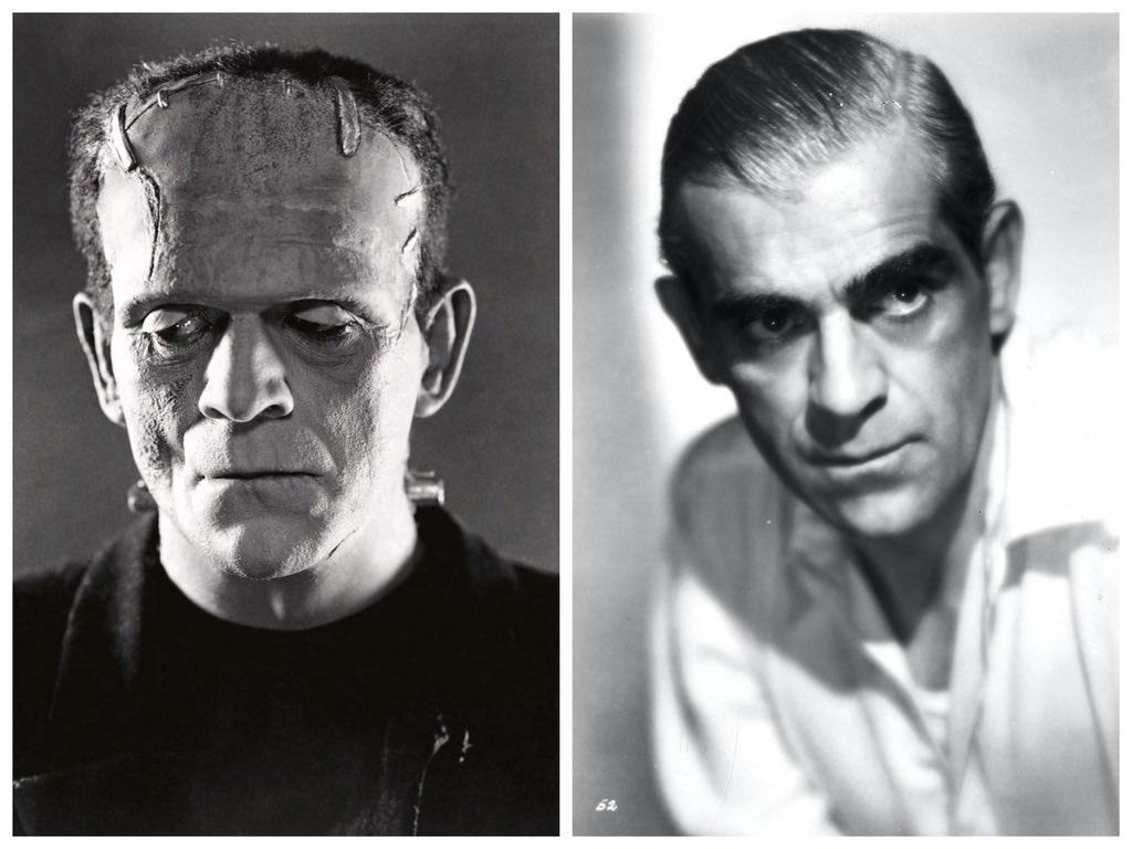 2. Bride of Frankenstein (1.935) - Elsa Lanchester as The Bride, and Boris Karloff as The Frankenstein Monster (and again, Colin Clive as the Dr.) Here, the movie poster, and the “Happy” couple with and without makeup  #HorrorMovies  #Frankenstein  #HorrorFamily