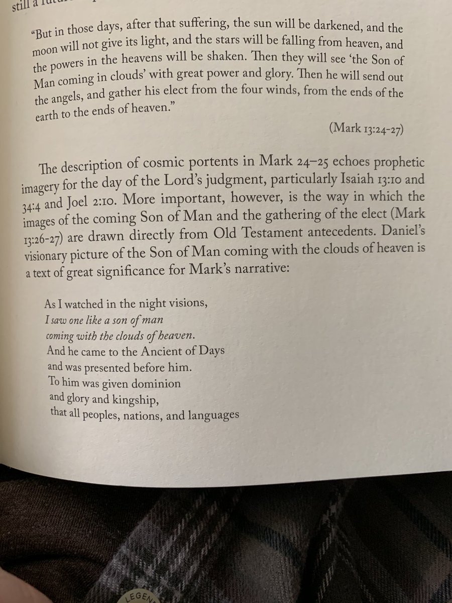 Hays reads Mark’s Olivet Discourse as being about not only Christ’s crucifixion/resurrection/ascension, but also about Israel’s restoration. Unclear to me whether that’s at the crucifixion, at 70 AD, or at the second coming?