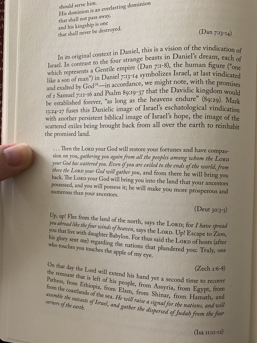 Hays reads Mark’s Olivet Discourse as being about not only Christ’s crucifixion/resurrection/ascension, but also about Israel’s restoration. Unclear to me whether that’s at the crucifixion, at 70 AD, or at the second coming?