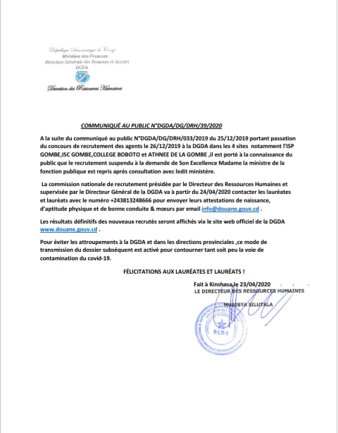 Le chemin était long pour y parvenir, la confusion est tordue, la DGDA va  maintenant  boucler le recrutement en se conformant à la loi portant statuts des agents des services publics. Les lauréates et lauréats passeront à l'interrogatoire pendant 7 jours à dater du 24/04/2020.