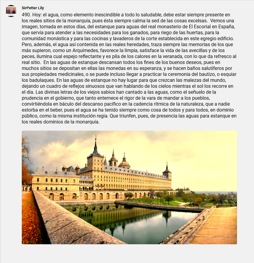 SirPeterLily's tweet photo. 490. Hoy: el agua, como elemento inescindible a todo lo saludable, debe estar siempre presente en los reales sitios de la monarquía, pues ésta siempre calma la sed de las cosas excelsas. https://t.co/YphRyX6TSm