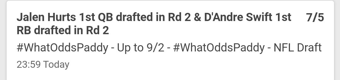 My 2 #NFLDraft bets tonight 

Pick 1 - reports seem to think this is the most stacked round 2 in years and with Hurts and Eason rated higher I cant see Fromm going earlier

Pick 2 - Huge buzz around Hurts all day and I dont think Swift makes it past Miami at 39