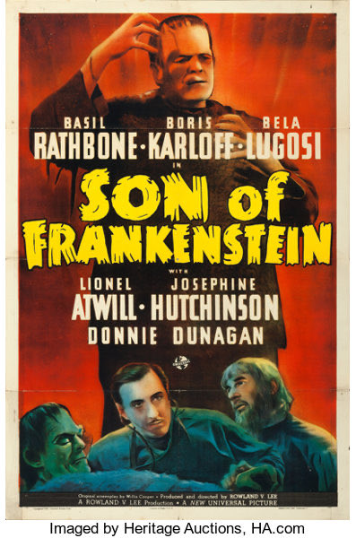 3. Son of Frankenstein (1.939) - Basil Rathbone as Baron Wolf von Frankenstein, Boris Karloff as The Frankenstein Monster and Bela Lugosi is Ygor. Here The movie poster, The Baron, The Monster and the one who controls him, Ygor