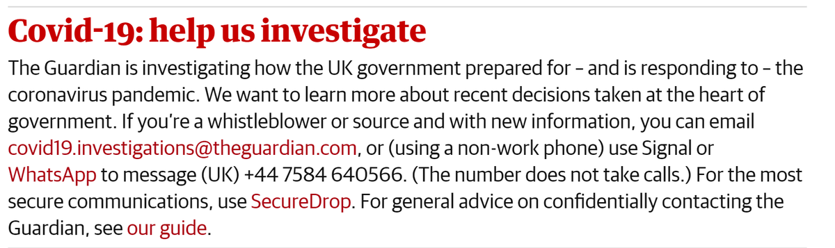 spyblog's tweet photo. @PaulLewis #FirstContactProblem #OPSEC The @guardian embeds #COVID19UK #whistleblower  contact method details *within* their online #CoronaVirus stories, giving a bit more #PlausibleDeniability to sources who should *not* visit their @SecureDrop info page from work. https://t.co/WVNOmBv7Zr https://t.co/kAvNUylY3n