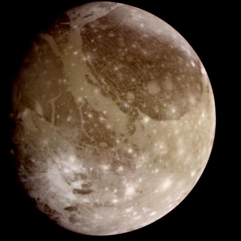 Jupiter's moon Ganymede is the largest moon in our solar system and the only moon with its own magnetic field.This natural color view of Ganymede was taken by the Galileo spacecraft:  https://s.si.edu/3aA2DRA 