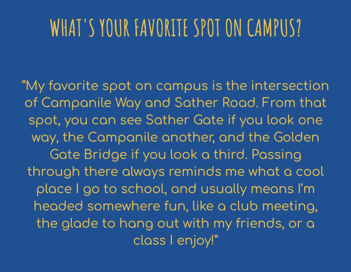 Time for our last 3 #CalWeek Spotlights! Our first comes from Sara Smith who tells us about her favorite spot on campus! GO BEARS 💛💙