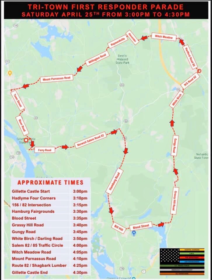 NormCT's tweet photo. Tomorrow (April 25) from 3 p.m. to 4:30 p.m. first responders from #EastHaddamCT, #LymeCT, and #SalemCT a "Tri-Town First Responders Parade" to say thank you for the work they do everyday and promote bringing our communities together during these stressful times. https://t.co/gtmBFVN1vE