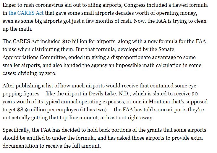 I got to the bottom of why some smaller airports got bonanzas from the CARES Act. It's partly because the formula was designed to favor them (after a rushed process in which Senate GOP formula won out)And it's partly because Congress told the FAA to divide by zero