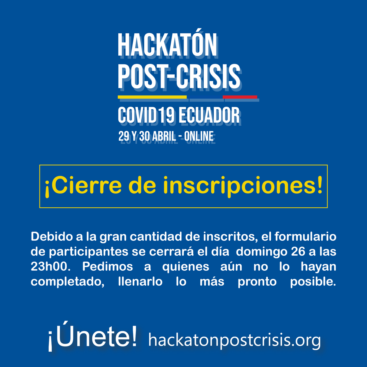 MedialabCIESPAL's tweet photo. Debido a la gran acogida del #HackatónPostCrisis: Covid 19 Ecuador, el formulario de inscripciones estará abierto hasta el día domingo 26 de abril a las 23:00. Pedimos a quienes aún no lo hayan completado, llenarlo los más pronto posible.

Registro en: https://t.co/ulhLrRvSlv https://t.co/AjwWsXcqOq