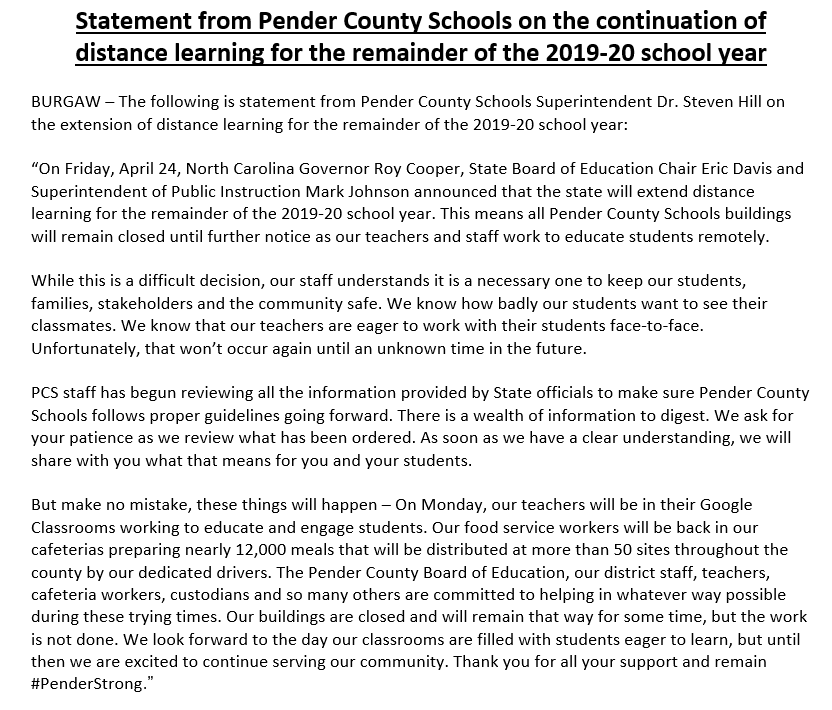 penderschools's tweet photo. Below is a statement from PCS Superintendent Dr. Steven Hill on the extension of distance learning for the remainder of the 2019-20 school year. #PenderStrong https://t.co/voX2k6aMbH