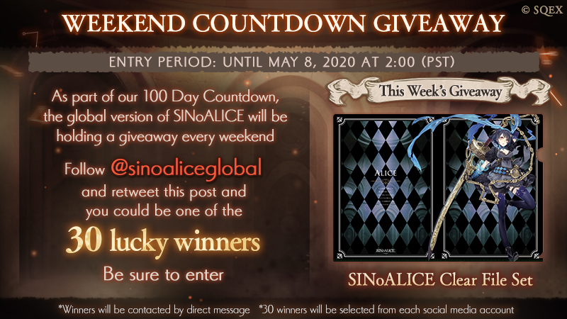 sinoaliceglobal's tweet photo. 📓67 Days Until the Beginning of the End📓
Giveaway Begins!🎉

We’re holding a giveaway event every weekend until release!
Follow this account and react to enter! (Twitter: RT✨
Giveaway is SINoALICE Clear File Set for this time🎁

#SINoALICEGlobal https://t.co/tzyQJuAYOc