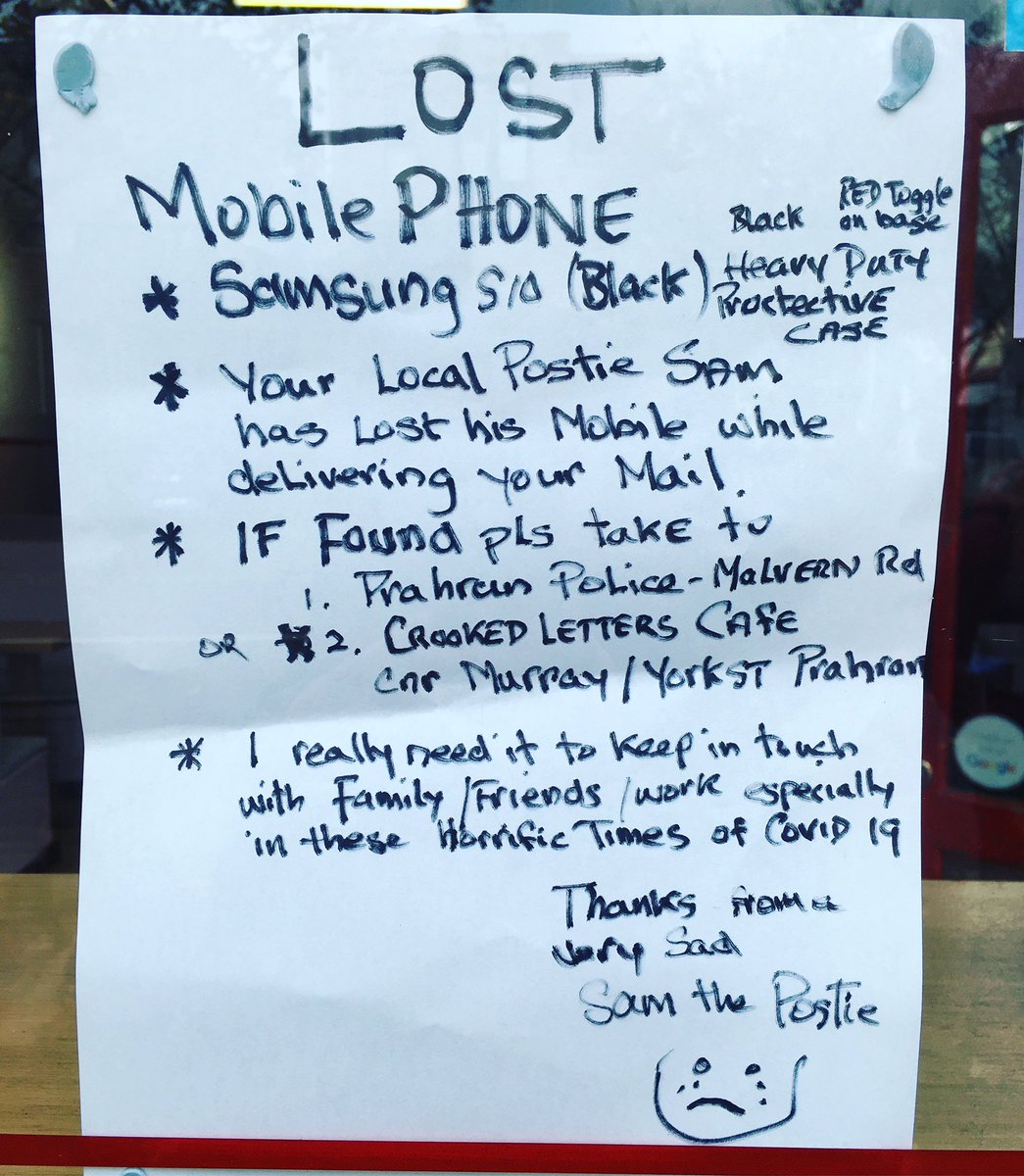 tonsoffun's tweet photo. To anyone in the Prahran area please see below๐
Our beloved Postman Sam (yes, I know!) has lost his mobile whilst delivering the mail.
Heโs a bloody legend so if anyone can help out ๐ค๐ค
#postmansam #lostmobile https://t.co/DwkeIMC3Hf