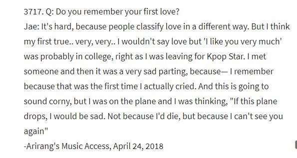 imagine being the first girl Jae liked so much with these words in his heart and mind when he left because he wanted to pursue his dreams.. "if this plane drops, I would be sad not because i'd die but because I can't see you again"this is not an AU nor kdrama guys 